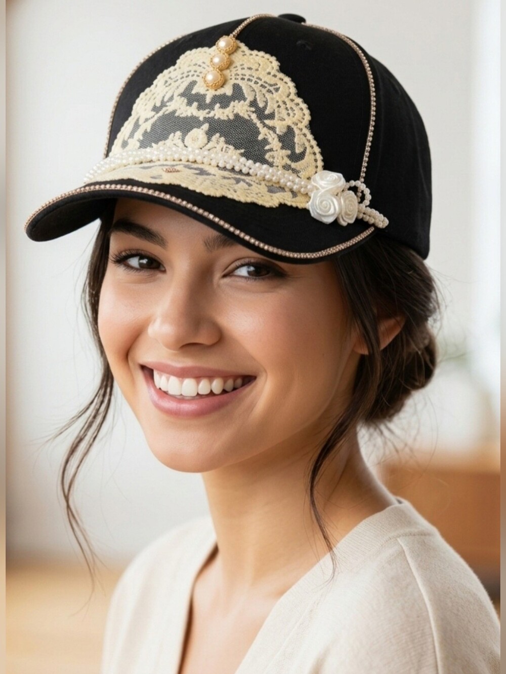 Hand Crafted Pearl & Lace Embellished Black Baseball Cap!
